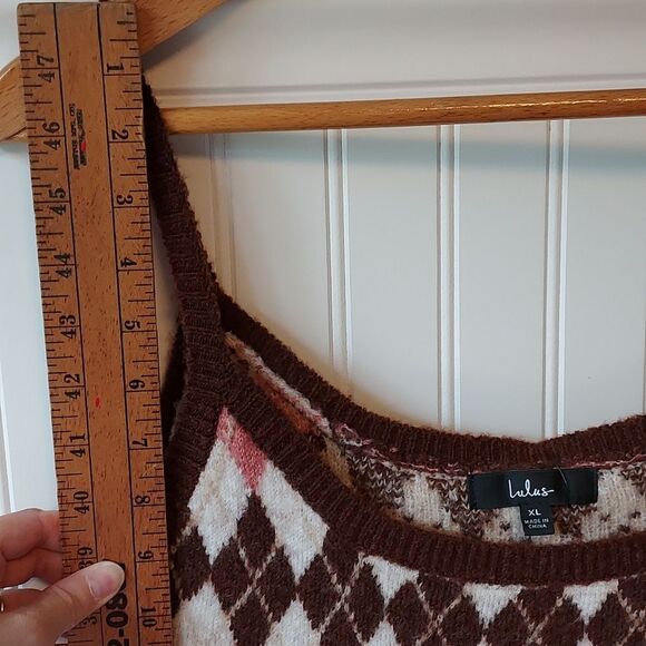 🆕Lulu's‎ Clued In Cutie Brown Pink Cream Multi Argyle Mini Sweater Dress L - Picture 5 of 9